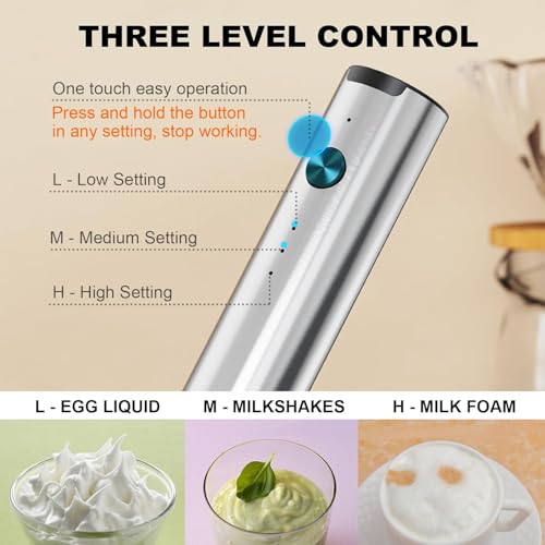 Electric Milk Frother Handheld, Rechargeable 3-Speed Mini Frother Wand with 2 Whisks Stand Portable Stainless Steel Stirrer for Coffee Latte, Cappuccino Hot Chocolate Protein Shakes Matcha
