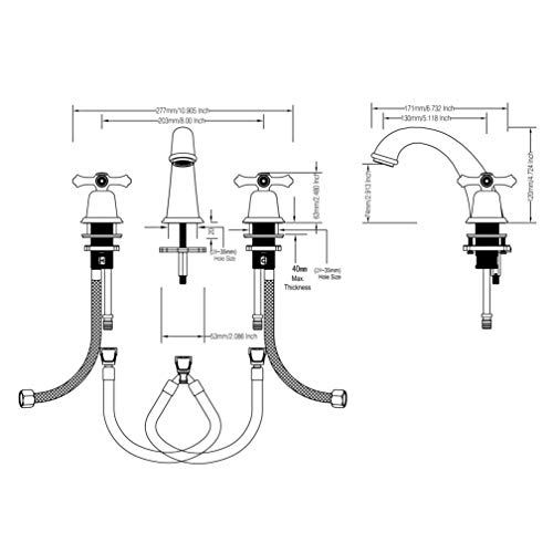 RKF Solid Brass Two Handle Widespread Bathroom Sink Faucet with METAL Pop-up Drain with overflow and CUPC Supply Hoses,CWF034-BG,Brushed Gold - Thumbnail 6