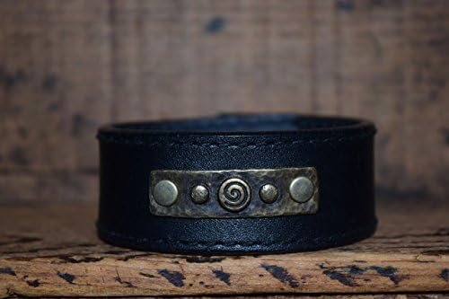 Upcycled Black Leather Cuff Bracelet Riveted with Spiral Medallion