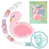 Pacifier Clips Flamingo Teether Binky Holder for Girls Sensory Toys Teething Pain Relief BPA Free Silicone Chewable Beads Newborn Toddler Best Baby Shower Gift (Flamingo)