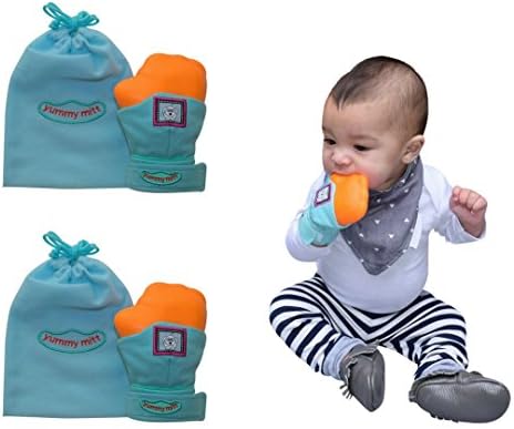 Yummy Mitt Teething Mitten-Self-Soothing Entertainment and Gives Pain Relief from Teething Plus It's an Ideal Baby Shower Gift -Set of Two (2 Blue Yummy Mitt)
