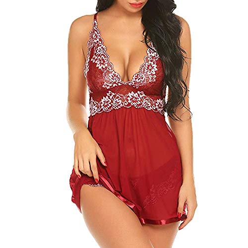 Kaitobe Sexy Lingerie for Women for Sex Ladies Lingerie Lace Patchwork Split Babydoll Teddy Sleepwear Sheer Chemise Red