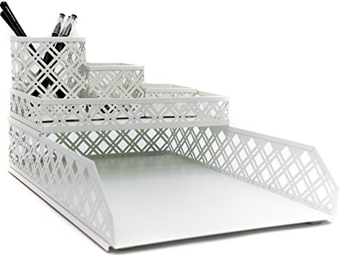 Blu Monaco White Desk Organizer - 5 Piece Interlocking Desk Accessories Set - Paper - Document Tray, Pen Cup, 3 Assorted Accessory Trays