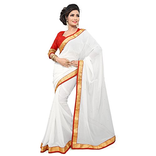 Aksaa Fashion Women's Indian Off White Border Worked Georgette Chiffon Saree, Sari