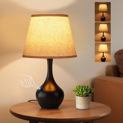 Touch Bedside Lamp for Bedroom, 3-Way Dimmable Farmhouse Table Light with Fabric Shade, Nightstand Light for Kids Room Reading, Home Office