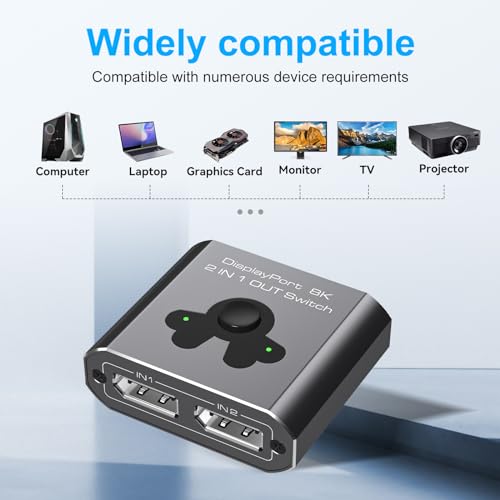 PVBCTCSID Displayport Switch 2 in 1 Out 8K60Hz 4K144Hz DP 1.4 Switcher Compatible with TVs Monitors Laptops PCs Projectors etc (Unidirectional)