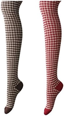 Knitline Women's Autumn Winter Check Knit Sweater Footed Tights Brown,Red - One Size Pack of 2