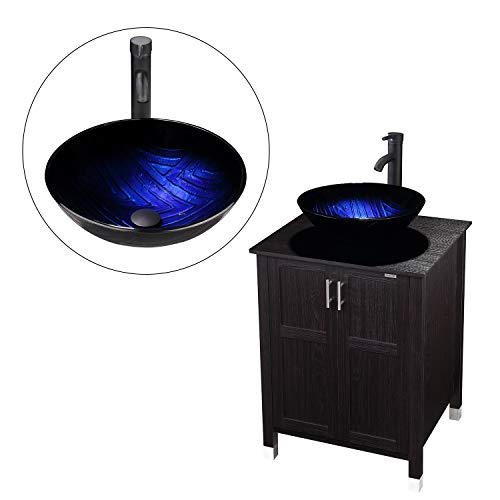 Modern Bathroom Vanity And Sink Combo Stand Cabinet with Vanity Mirror,Single MDF Cabinet with Blue Glass Vessel Sink Round Bowl