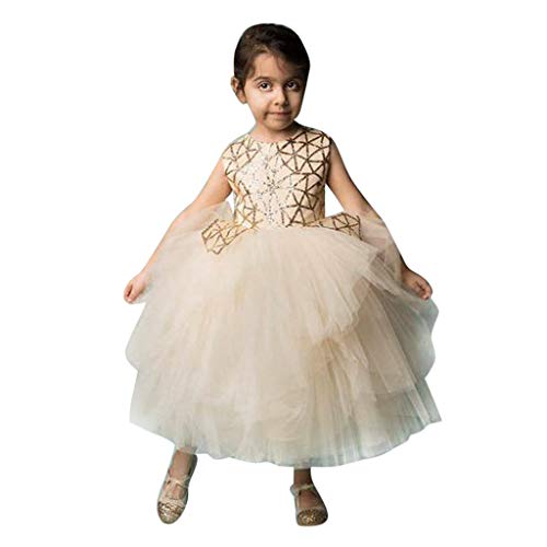 Kids Girls Organza Sequins Party Pageant Tulle Fashion Lovely Princess Tutu Dress Beige
