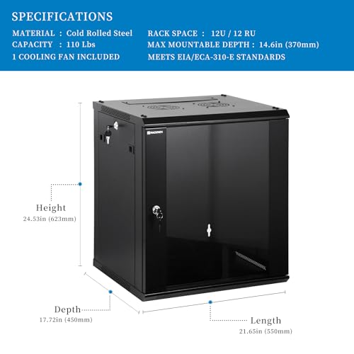 RackPath 12U Wall Mount Network Rack Cabinet – Quiet Cooling Fan, Locking Glass Door, 17.7" Deep (450mm), Removable Locking Side Panels, Fits 19" IT & A/V Equipment