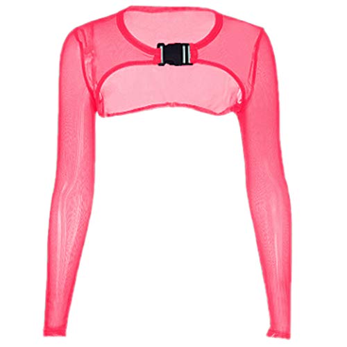 Women's Long Sleeve See-Through Sheer Mesh Crop Tops Buckle Summer Top Cover Ups (M, A - Rose Red)