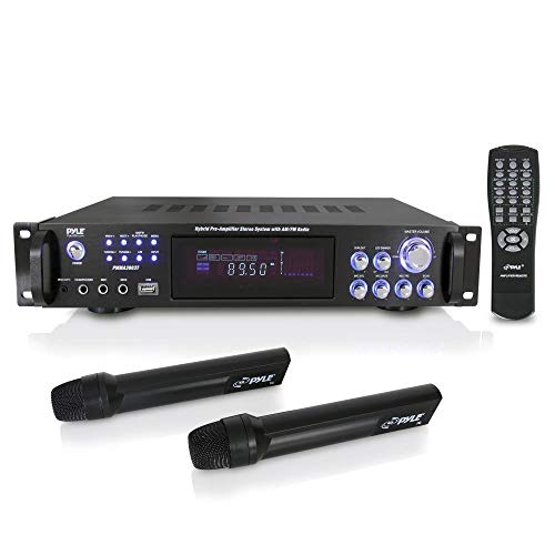 Pyle 4 Channel Home Audio Power Amplifier – 3000 Watt Stereo Receiver w/ Speaker Selector, AM FM Radio, USB, Headphone, 2 Wireless Mics for Karaoke, Home Entertainment System – PWMA3003T (Renewed)