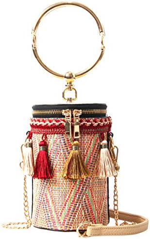 Tassels Woven Bucket Bag, Crossbody Bag For Women, Fashion Handlebag and Purses, Bag with Metal Chain Strap, travel