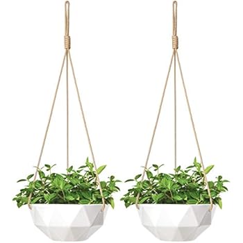 Mkono 2 Pack Ceramic Hanging Planter Indoor Outdoor Modern Geometric Flower Plant Pot 9 Inch Porcelain Hanging Basket with Polyester Rope Hanger for Herbs Ivy Crawling Plants, White