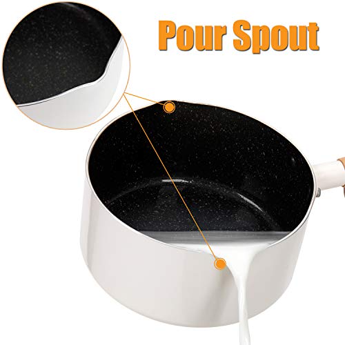 1.5 Quart White Saucepan with lid, Nonstick Sauce Pot with Pour Spout
