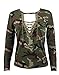 OQC Women's Camo Shirts Camouflage Print Choker V Neck Long Sleeve Lace Up Slim Tops Blouse