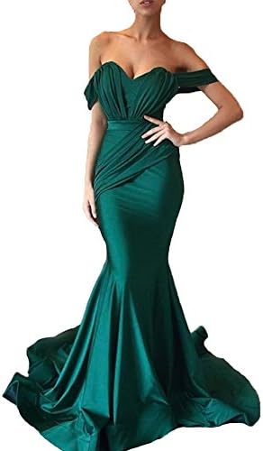 XingMeng Sexy Mermaid Off The Shoulder Pleated Satin Prom Evening Party Dresses Dark Green US 2