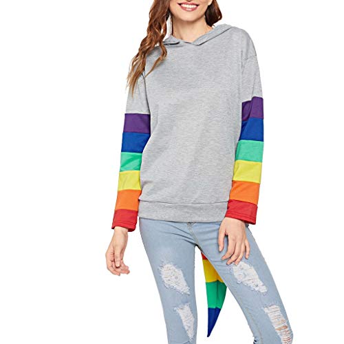 Alangbudu Women Novelty Super Long Tail Rainbow Stripes Hoodie Long Sleeve Pullover Loose Blouse Shirt Tops Sweatshirt