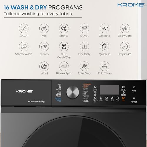 Krome Front Loading Washer Dryer Machine, 9 Kg Washing, 6Kg Drying, 1400 RPM, 16 Program, Variable Temp, Foam Sensing & Removal, BLDC Motor, Auto Restart & Balance, Load Detect, Child Lock -KR-WD96STI