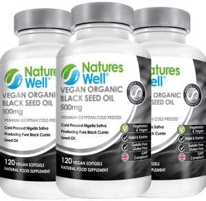 3 x Organic Black Seed Oil Softgel Capsules,120 (Non-GMO & Vegetarian 500mg), Egyptian Cold Pressed Nigella Sativa Pure Black Cumin Seed Oil - Vegan, Assured Halal & Kosher