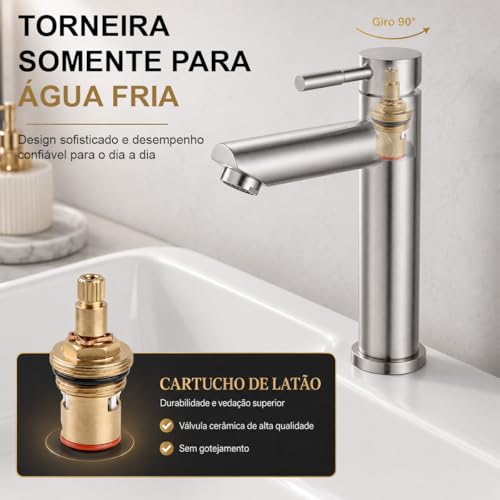 Torneira de Banheiro Luxo, Aço Inox Cromado, Quadrada 1/4 Volta, Bancada Alta, 305mm Altura