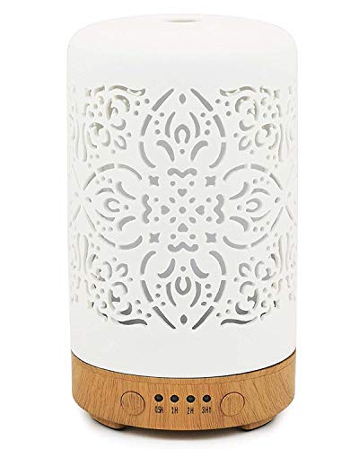 Elegant Life Essential Oil Diffusers Ultrasonic 100 ml White Ceramic Aromatherapy Diffuser with 4 Timer – Cool Mist Humidifier, 7 Colors LED Lights – Waterless Auto Shut off for Home Office Bed Room