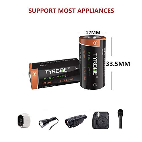 CR123A Batteries Rechargeable and Charger, Tyrone 12 Pack RCR123A Rechargeable Batteries with Charger, More Than 700mAh 3.7V Batteries with 4-Ports Smart Charger Compatible Arlo Wireless Cameras