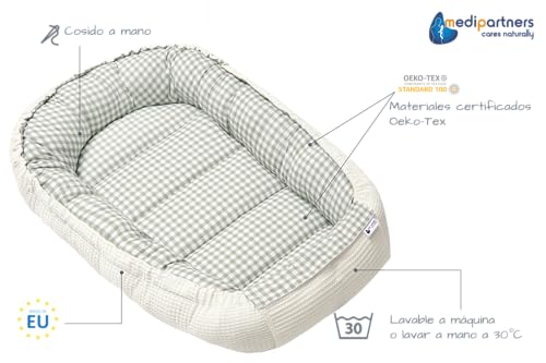 Nido Bebe Recien Nacido Reductor de Cuna - 100x60x15 Portátil o de Viaje de Colecho anticolicos Bilateral Bebés 100% Algodón Gofre (Cuadros con Oliva Gofre)