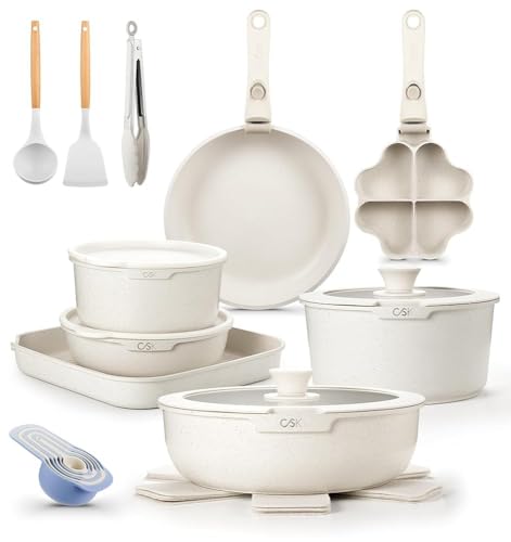 KOCH SYSTEME CS 21 PCS Ceramic Nonstick Cookware Set, Pots and Pans Set with Detachable Handle, Induction Kitchen Cookware Sets Non Stick with Removable Handle, RV Cookware Set, White