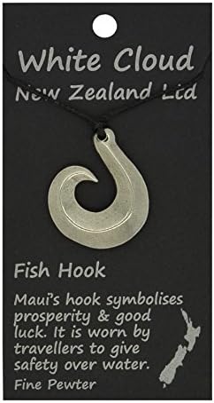 Whitecloud NZMaori Fish Hook Pendant: Handcrafted Pewter, Adjustable Cord, Surfer Necklace by William Sturt - Tribal-Inspired, New Zealand Heritage, Stewart Island Fish Hook