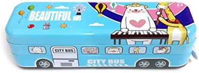 Qriyant™ Cute Printed School Bus Shape Metal Pencil Box for Kids with Pull Back and Wheels (Sky Blue) (Sky Blue)