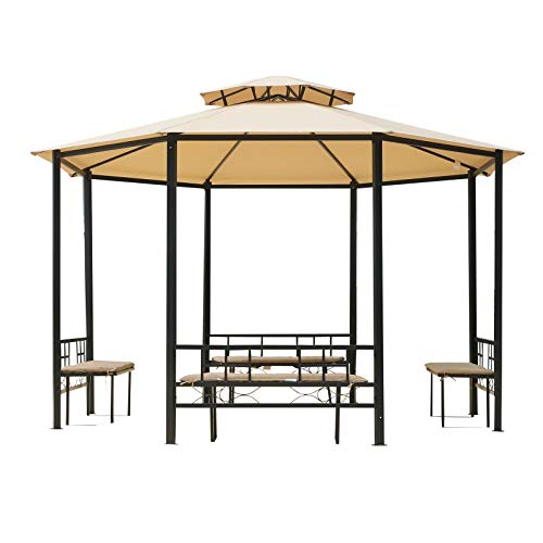 2-Tier Roof Light Brown 12.5 FT Steel Pavilion Canopy Tent Outdoor Octagon Patio Gazebo Shelter Outdoor Sun Shade w/ 4 Padded Benches with Ebook