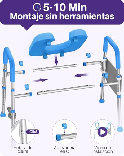 KEKOY Elevador WC adulto con 7 ajustes de altura y 3 de ancho y reposabrazos. Montaje sin herramientas, el alzador WC adulto es compatible con la mayoría de inodoros, ideal para mayores, Azul