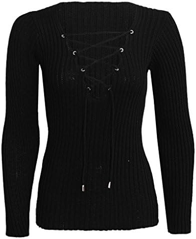 Cashsun Womens Sexy Long Sleeve Low Cut Cross Bodycon Sweater Crop Top, Black M