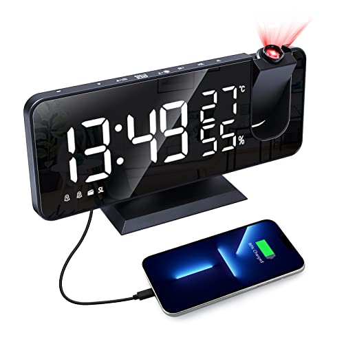 Reloj Despertador, Despertador Proyector con Proyección Giratorio de 180°, Radio Despertador Digital con FM Radio, Higrómetro de Temperatura Interior, Alarma Doble, Repetición, Puerto de Carga USB