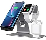Bestand H05-Grey 3 in 1 Aluminum Apple iWatch Stand, Airpods Charging Station, Qi Fast Wireless Charger Dock for iPhone X/8/7/6s Plus Samsung S8 and other Qi-Enabled Devices, Grey
