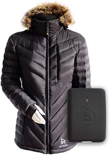 Ravean Women's Down Heated Jacket | Lightweight Water Resistant Jacket w/Mobile Charging Outlet Detachable Hood & Battery