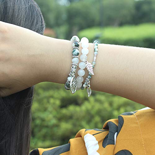 FANCY SHINY Gemstone Bead Bracelets Tree of Life Charms Yoga Healing Stone Bracelet Set for Women(Auatic Agate) - Thumbnail 5
