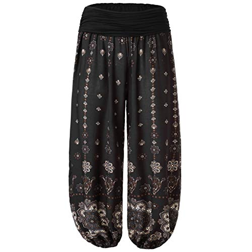 DONTAL Womens Plus Size Print Ladies Harem Pants Full Length Trouser Wide Leggings Black