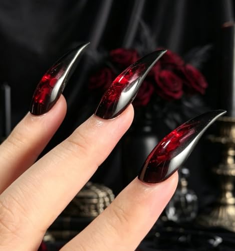 POPSOUL Dragon Claw Press On Nails, Handmade Short Natural False Nails, 3D Floating Glitter Aquarium Nails, Sharp Curved Stiletto Tips for Gothic, Rave, Cosplay & Party Looks