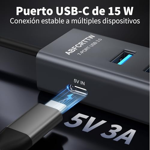 7 Ports USB 3.0 Hub with 180cm Cable for PC Computer, Aluminum USB Hub Multiport Adapter with USB 3.0 5Gbps, 5V 3A USB-C Powered for PC, Laptop, MacBook, Mouse, U-Disk, Keyboard