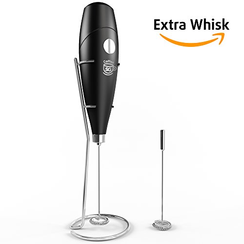 Electric Milk Frother Handheld – Best Powerful Battery Operated Foam Maker For Coffee Latte Cappuccino etc. - Free eBook, Premium Stainless Steel Extra Whisk & Stand, 10 Stencils Worth $7,97