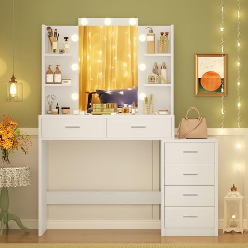 TEENFON Vanity Desk with 6 Drawers, 6 Open Shelves, Makeup Vanity with Mirror and Lights, Dressing Table with 3 Lighting Color Adjustable, Bedroom, White