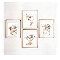 xtszlfj Pink Peonies Woodland Animals Nursery Wall Art Canvas Painting Pictures Boho Fox Deer Rabbit Owl Posters Print Baby Room Decor 30x40cmX4 No Frame