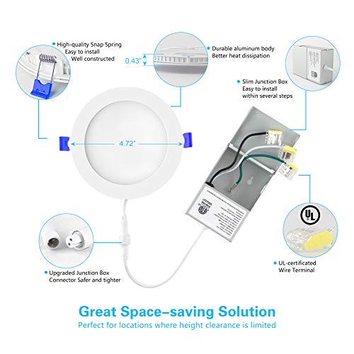 Ensenior 12 Pack 4 Inch Ultra-Thin LED Recessed Ceiling Light with Junction Box, 5000K Daylight, 9W 75W Eqv, Dimmable Can-Killer Downlight, 750LM High Brightness - ETL and Energy Star Certified