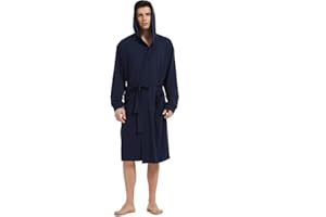 HOLOVE Men's Pure Cotton Bathrobe Lightweight Kimono and Hooded Spa Robes Soft Sleepwear