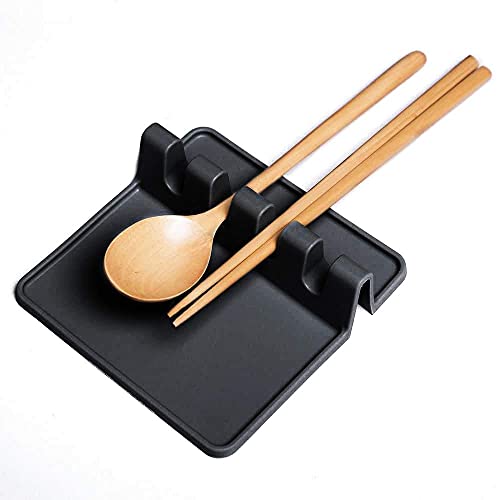 2 PCS Silicone Heat Utensil Rest with Drip Pad for Multiple Utensils, BPA-Free Spoon Holder and Utensil Rest for Stove Top, Grill Kitchen Utensil Holder for Spatulas, Tongs, Ladles (Gray & Black)