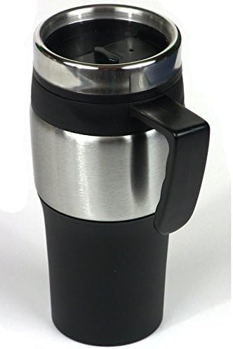 Coffee/Tea Travel Mug With Handle - Stainless Steel and Black Plastic - Fits In Car Cup Holder and Under Keurigs With a 7" Clearance - Double-Wall Insulated - 12oz - Easy To Clean And Maintain