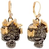 Betsey Johnson Skull Dangle Earrings, Gold Tone and Gunmetal with Crystal Rhinestones, Butterfly Design, Leverback Closure