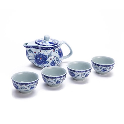 Exquisite 5 PCS Blue-And-White Peony Design Ceramic Tea Pot Tea Cups Set In Beautiful Color Gift Box by THY COLLECTIBLES